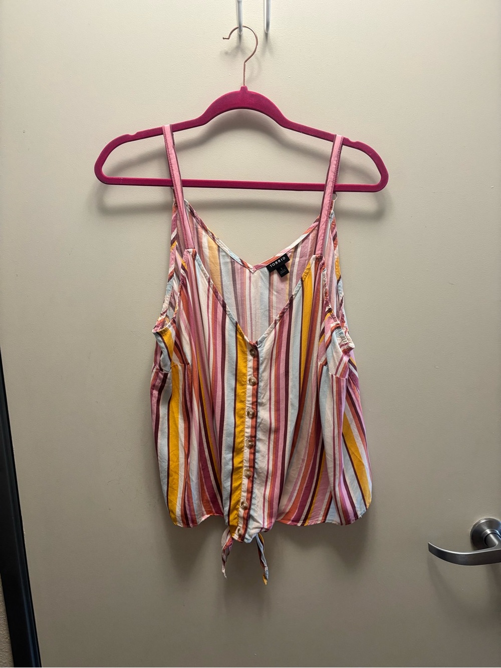 torrid Striped Button-Front Tie-Hem Cami in Pink, Yellow & Cream